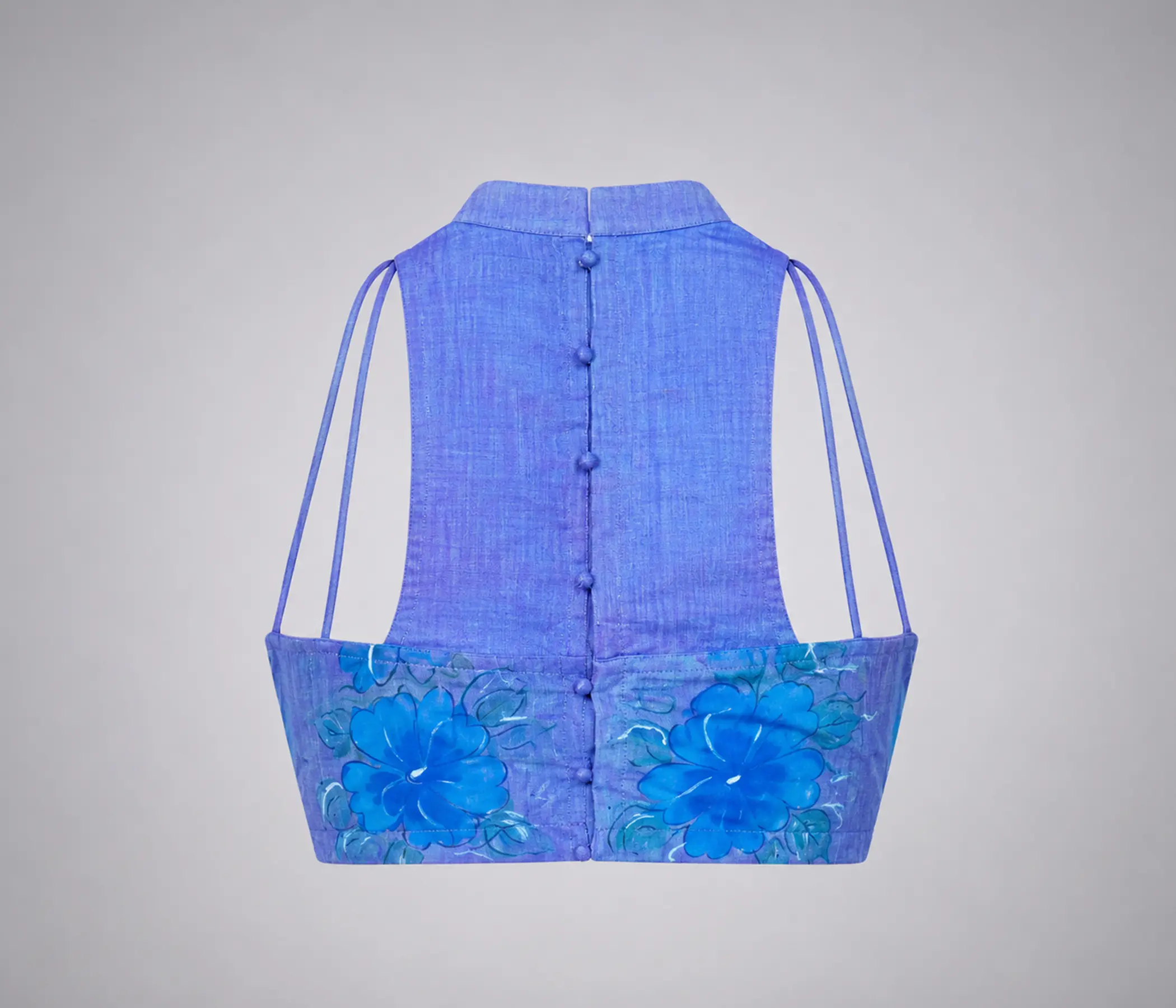 Hand-Painted Periwinkle Blue Halter Trendy Blouse with Front Neck Designs